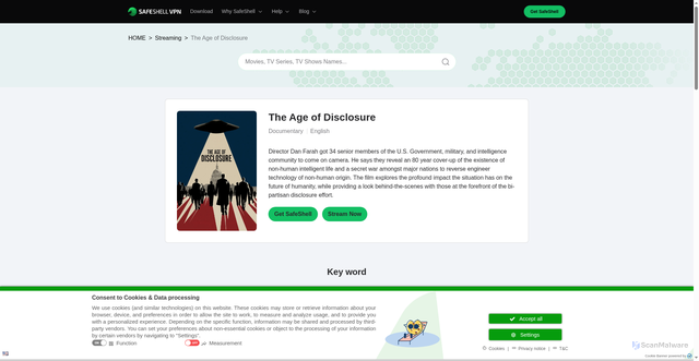 Security scan screenshot of https://www.safeshellvpn.com/streaming/where-to-watch-the-age-of-disclosure-movie-1422166.html