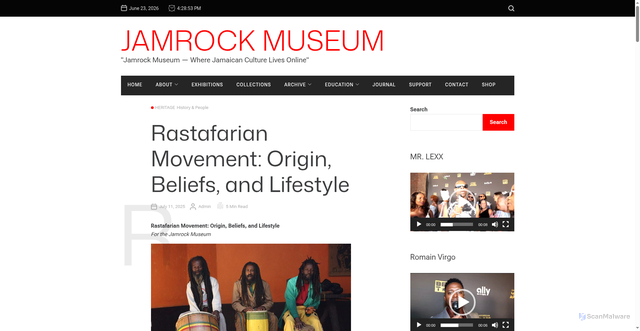 Security scan screenshot of https://www.jamrockmuseum.com/heritage/rastafarian-movement-origin-beliefs-and-lifestyle/