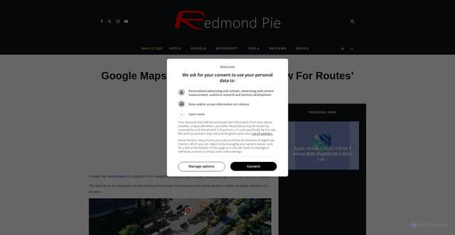 Security scan screenshot of https://www.redmondpie.com/google-maps-gets-an-immersive-view-for-routes-feature/