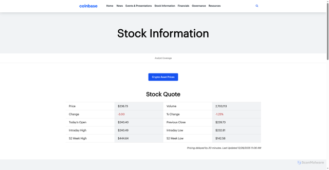 Security scan screenshot of https://investor.coinbase.com/stock-information/default.aspx