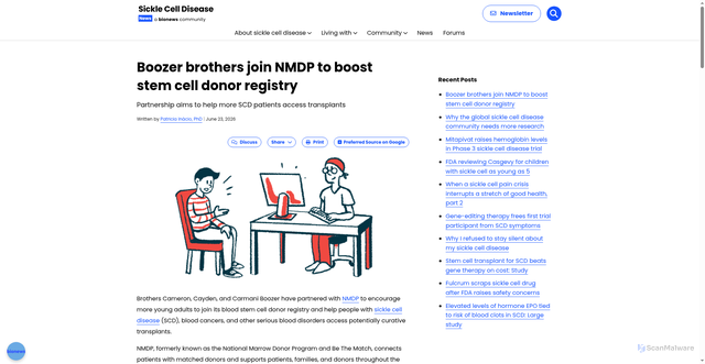 Security scan screenshot of https://sicklecellanemianews.com/news/boozer-brothers-join-nmdp-boost-stem-cell-donor-registry/