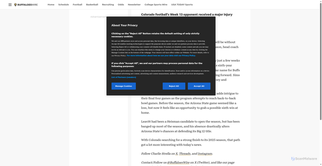 Security scan screenshot of https://coloradobuffaloeswire.usatoday.com/story/sports/college/buffaloes/football/2025/10/31/sam-leavitt-injury-arizona-state-colorado-football-week-13/87011985007/