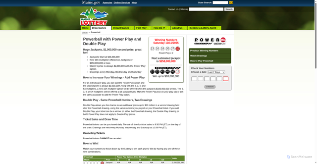 Security scan screenshot of https://www.mainelottery.com/games/powerball.shtml