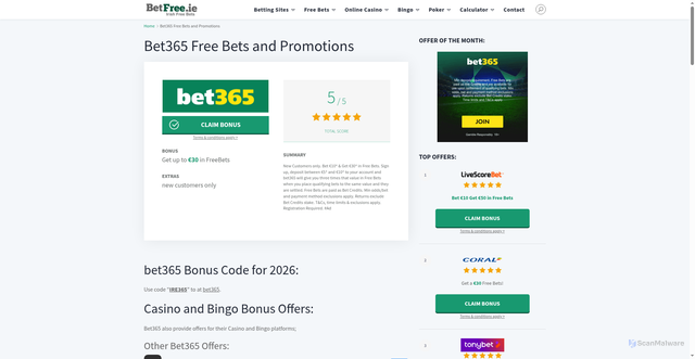 Security scan screenshot of https://www.betfree.ie/bet365-free-bets-and-promotions/