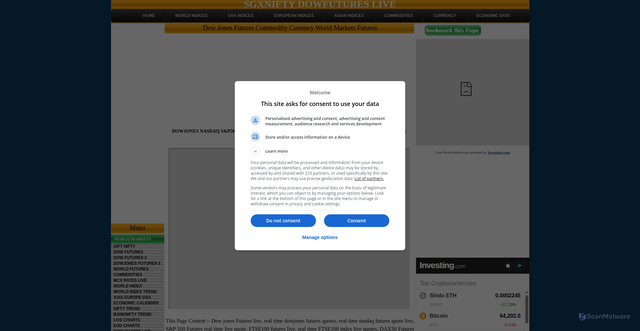 Security scan screenshot of https://www.sgxniftydowfutureslive.com/index_files/DOWFUTURES.htm