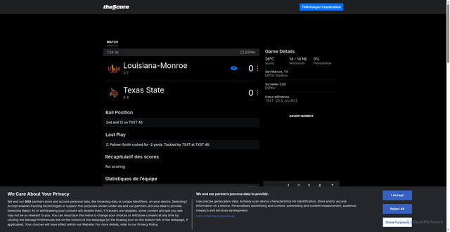 Security scan screenshot of https://fr.thescore.com/ncaaf/events/136682