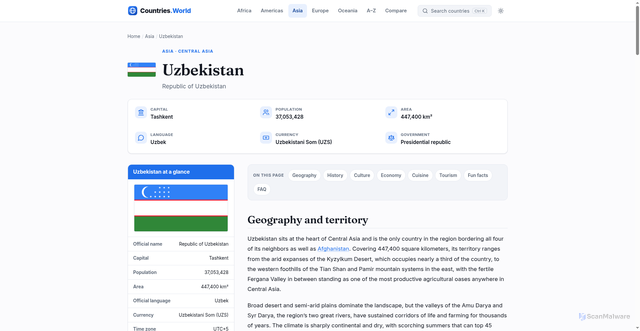 Security scan screenshot of https://countries.world/asia/uzbekistan/