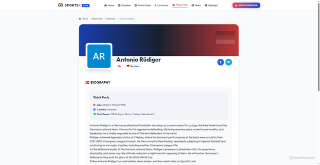 Security scan screenshot of https://sportsx.site/player-info/player/antonio-rudiger