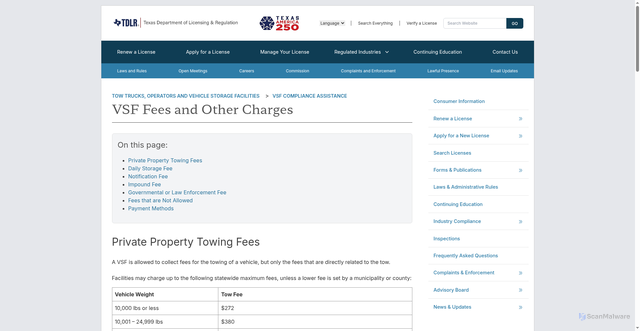 Security scan screenshot of https://www.tdlr.texas.gov/towing/compliance/vsf/fees.htm