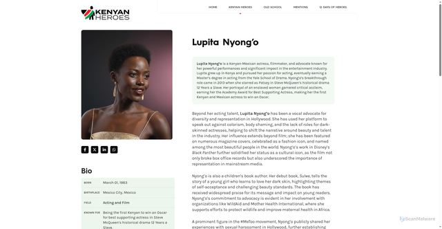 Security scan screenshot of https://kenyanheroes.com/hero/lupita-nyongo/