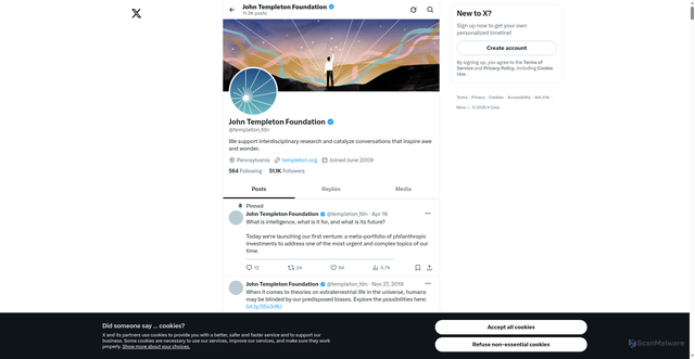 Security scan screenshot of https://x.com/templeton_fdn?utm_source=Receive+News+from+the+John+Templeton+Foundation&utm_campaign&fa61e1cc-EMAIL_CAMPAIGN_2026_templetonideas_20260701&utm_medium=email&utm_term=0_-42837b4b08-97355777