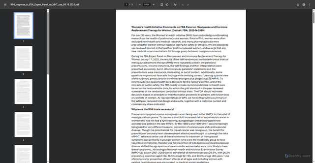 Security scan screenshot of https://www.whi.org/doc/banner/WHI_response_to_FDA_Expert_Panel_on_MHT_use_09.19.2025.pdf