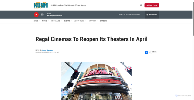 Security scan screenshot of https://www.kunm.org/2021-03-23/regal-cinemas-to-reopen-its-theaters-in-april