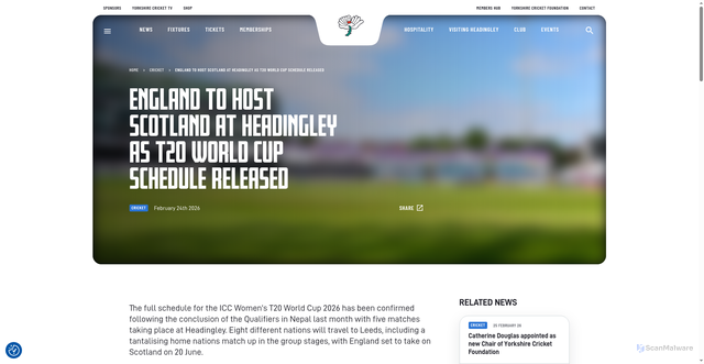 Security scan screenshot of https://yorkshireccc.com/news/england-to-host-scotland-at-headingley-as-t20-world-cup-schedule-released/