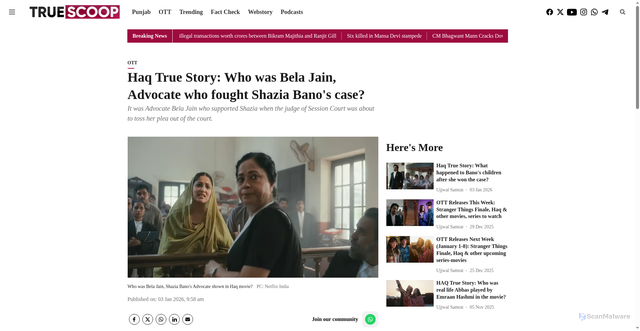 Security scan screenshot of https://www.truescoopnews.com/ott/haq-true-story-who-was-bela-jain-advocate-who-fought-shazia-banos-case