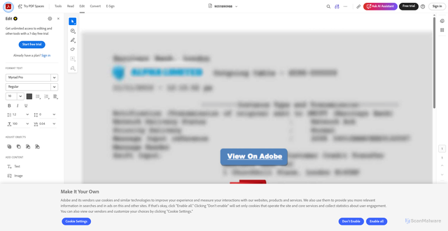 Security scan screenshot of https://acrobat.adobe.com/id/urn%3Aaaid%3Asc%3AVA6C2%3A35c11f47-8a00-4595-816d-a774ffef4b4c/?viewer%21megaVerb=group-edit&filetype=application%2Fpdf