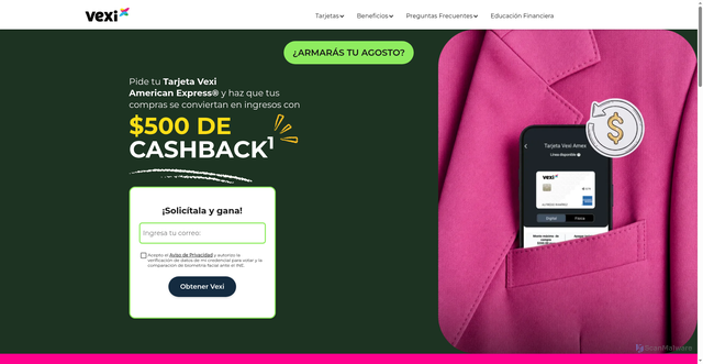 Security scan screenshot of https://www.vexi.mx/promociones/arma-tu-agosto?codRef=321586&utm_source=email&utm_medium=mailing&utm_campaign=Solc&utm_marketing_tactic=&utm_content=M-Agosto