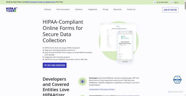 Security scan screenshot of https://hipaatizer.com