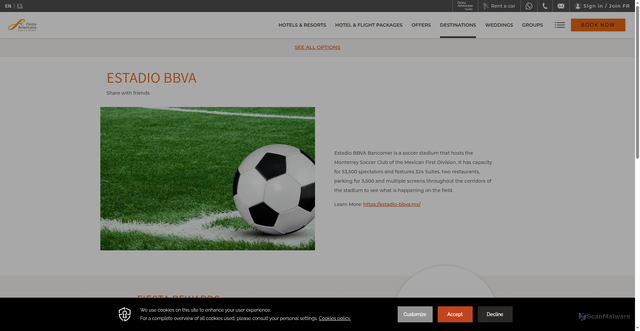 Security scan screenshot of https://www.fiestamericanatravelty.com/en/fiesta-americana/destinations/monterrey/estadio-bbva-bancomer