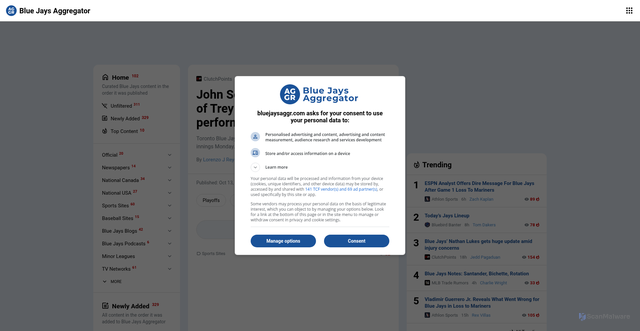 Security scan screenshot of https://bluejaysaggr.com/stories/288767/john-schneider-gives-mixed-review-of-trey-yesavages-alcs-game-1-performance