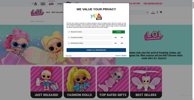 Security scan screenshot of https://shop.mgae.com/collections/l-o-l-surprise?srsltid=AfmBOoptP8y0KzJ93tvHFIQaaWcgQ2tjmn4QFLOVqSw7jr_cQwMHBGFZ