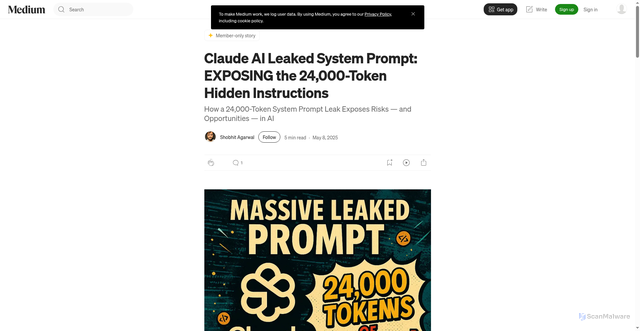 Security scan screenshot of https://iamshobhitagarwal.medium.com/claude-ai-leaked-system-prompt-exposing-the-24-000-token-hidden-instructions-9285324a355d