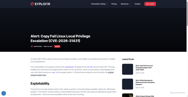 Security scan screenshot of https://exploitr.com/articles/alert-copy-fail-linux-local-privilege-escalation-cve-2026-31431/