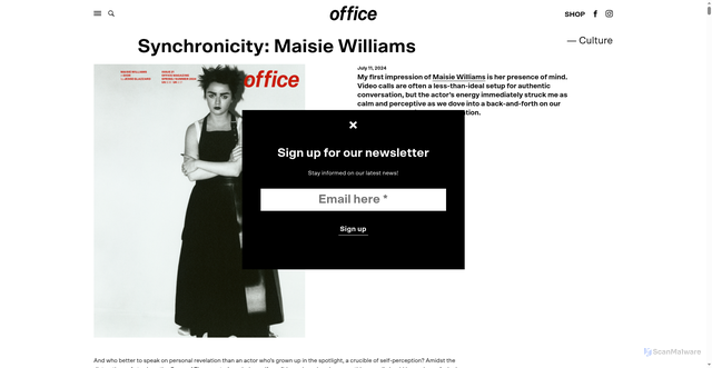 Security scan screenshot of https://officemagazine.net/synchronicity-maisie-williams