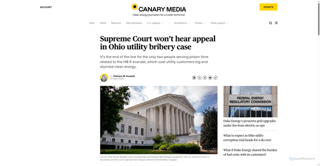 Security scan screenshot of https://www.canarymedia.com/articles/utilities/supreme-court-utility-bribery-case