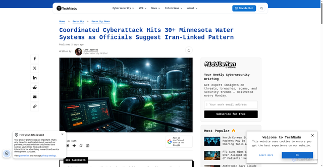 Security scan screenshot of https://www.technadu.com/coordinated-cyberattack-hits-30-minnesota-water-systems-as-officials-suggest-iran-linked-pattern/632101/