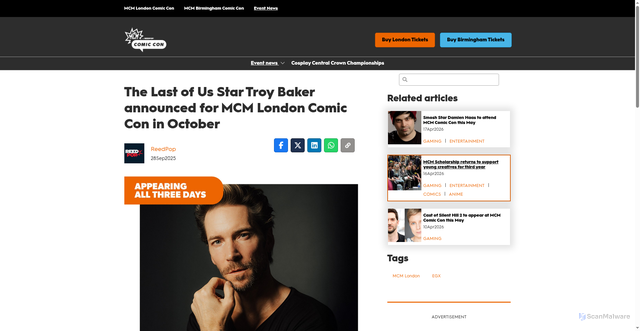 Security scan screenshot of https://www.mcmcomiccon.com/global/en-us/blog/gaming/troy-baker-mcm-london-october-2025.html