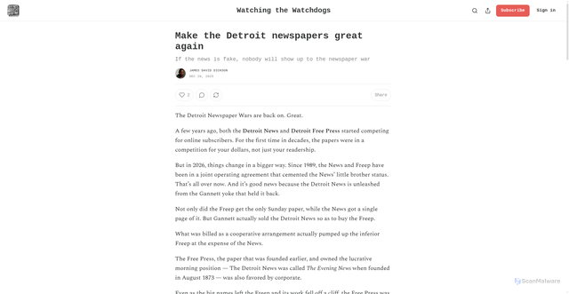 Security scan screenshot of https://watchingthewatchdogs.substack.com/p/make-the-detroit-newspapers-great