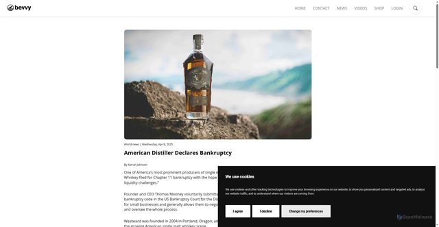 Security scan screenshot of https://bevvy.com/news/American-Distiller-Declares-Bankruptcy-248