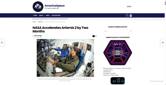 Security scan screenshot of https://www.americaspace.com/2025/03/22/nasa-accelerates-artemis-2-by-two-months/