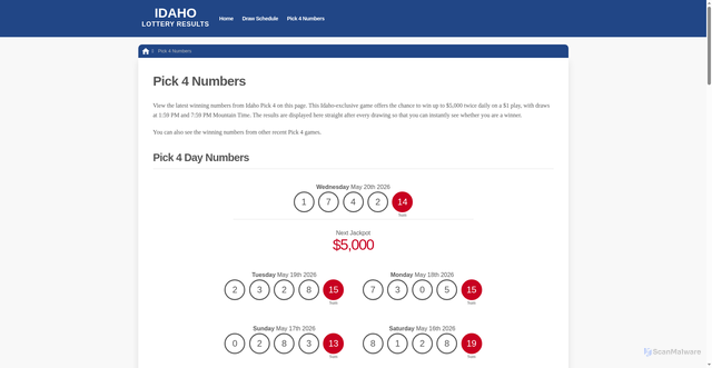 Security scan screenshot of https://idaholotterylive.com/pick-4-numbers