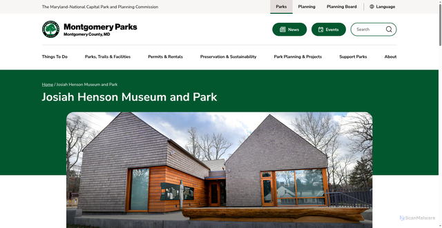 Security scan screenshot of https://montgomeryparks.org/parks-and-trails/josiah-henson-museum-and-park/