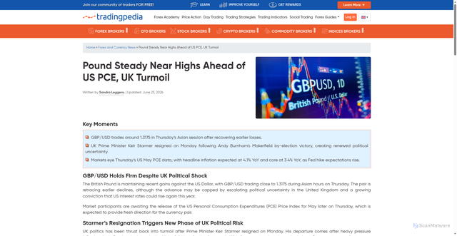 Security scan screenshot of https://www.tradingpedia.com/2026/06/25/pound-steady-near-highs-ahead-of-us-pce-uk-turmoil/