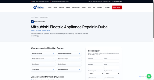 Security scan screenshot of https://fixtechappliancesrepair.online/brands/mitsubishi-electric