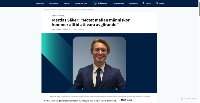 Security scan screenshot of https://jobbland.se/arbetsliv/mattias-saker-motet-mellan-manniskor-kommer-alltid-att-vara-avgorande?utm_source=jobbevakaren&utm_medium=email&utm_content=sv&identifier=1436885062c5755f1fec8ac9a5d96cd8a761b5ca33eacfff6aca2048d3bdcc76