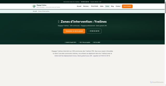 Security scan screenshot of https://elagage-abattage-yvelines.fr/zones-intervention/