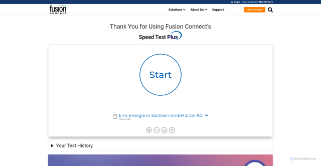Security scan screenshot of https://www.fusionconnect.com/speed-test-plus