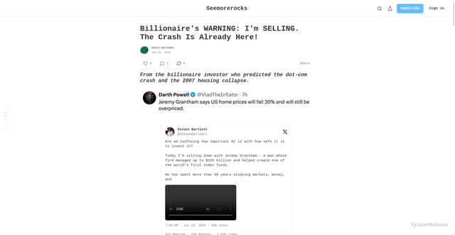 Security scan screenshot of https://seemorerocks.substack.com/p/billionaires-warning-im-selling-the