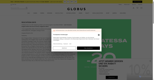 Security scan screenshot of https://www.globus.ch/ausschlussmarken?sc_src=email_4186636&sc_lid=287265230&sc_uid=zP3R20i424&sc_llid=130759&sc_customer=0327f37c9208167d9b0b5fb90d68e28589aef0066bddedd98d9d5328a5adbcbc&utm_source=newsletter_de&utm_medium=email&utm_campaign=20260823_prom_sale_extra20_lastday_DE_4186636&guid=0327f37c9208167d9b0b5fb90d68e28589aef0066bddedd98d9d5328a5adbcbc&utm_content=