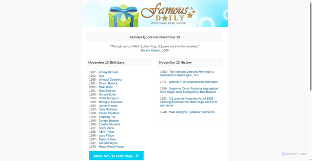 Security scan screenshot of https://famousdaily.com/november13.html