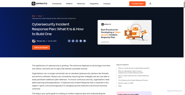 Security scan screenshot of https://sprinto.com/blog/cybersecurity-incident-response-plan/