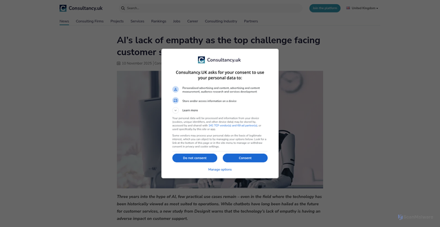Security scan screenshot of https://www.consultancy.uk/news/42084/ais-lack-of-empathy-as-the-top-challenge-facing-customer-support