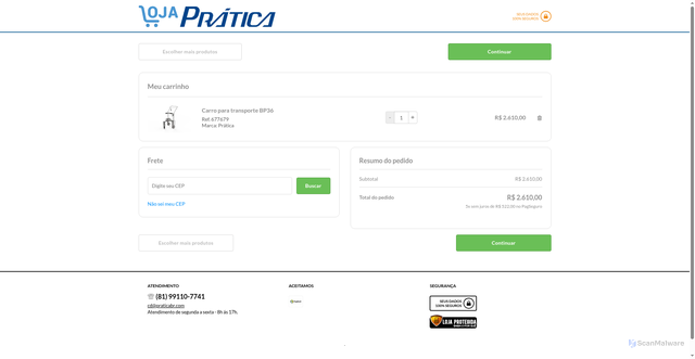 Security scan screenshot of https://loja.praticabr.com/loja/cartService.php?loja=447176&acao=incluir&IdProd=60