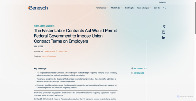Security scan screenshot of https://www.beneschlaw.com/insight/the-faster-labor-contracts-act-would-permit-federal-government-to-impose-union-contract-terms-on-employers/