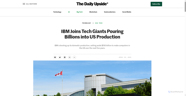 Security scan screenshot of https://www.thedailyupside.com/technology/artificial-intelligence/ibm-joins-tech-giant-pouring-billions-into-us-production/