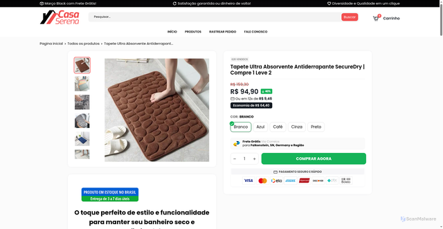 Security scan screenshot of https://serenacasa.store/products/tapete-ultra-absorvente-antiderrapante-securedry-compre-1-leve-2